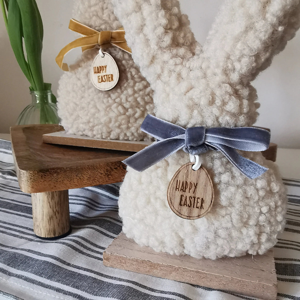 Sherpa Easter Bunny – Fabric Easter Bunny Ornament on Wooden Base   Handcrafted Sustainable Living  Almasea