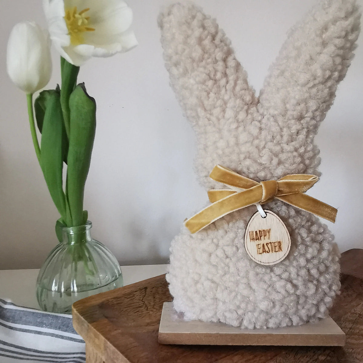 Sherpa Easter Bunny – Fabric Easter Bunny Ornament on Wooden Base   Handcrafted Sustainable Living  Almasea