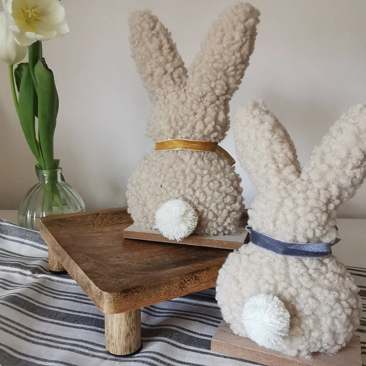 Sherpa Easter Bunny – Fabric Easter Bunny Ornament on Wooden Base   Handcrafted Sustainable Living  Almasea