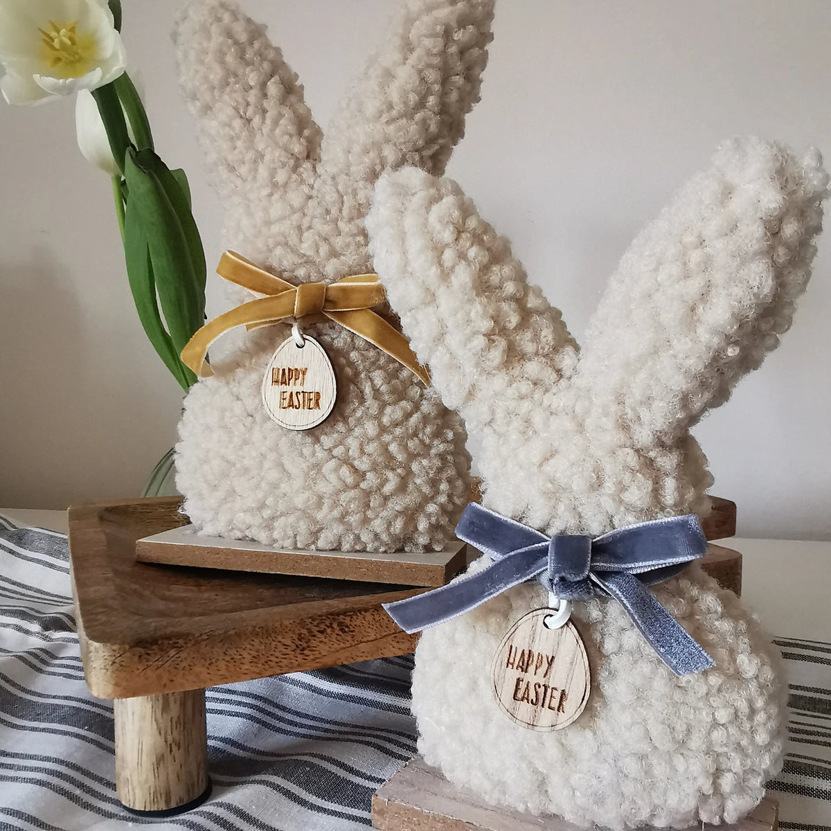 Sherpa Easter Bunny – Fabric Easter Bunny Ornament on Wooden Base   Handcrafted Sustainable Living  Almasea