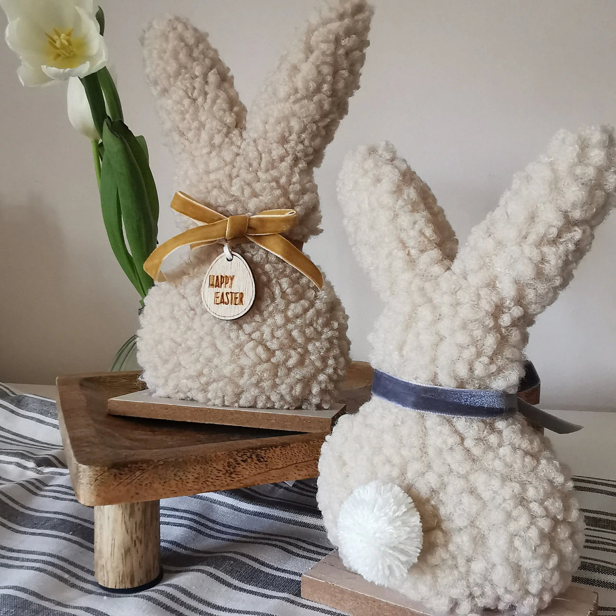 Sherpa Easter Bunny – Fabric Easter Bunny Ornament on Wooden Base   Handcrafted Sustainable Living  Almasea