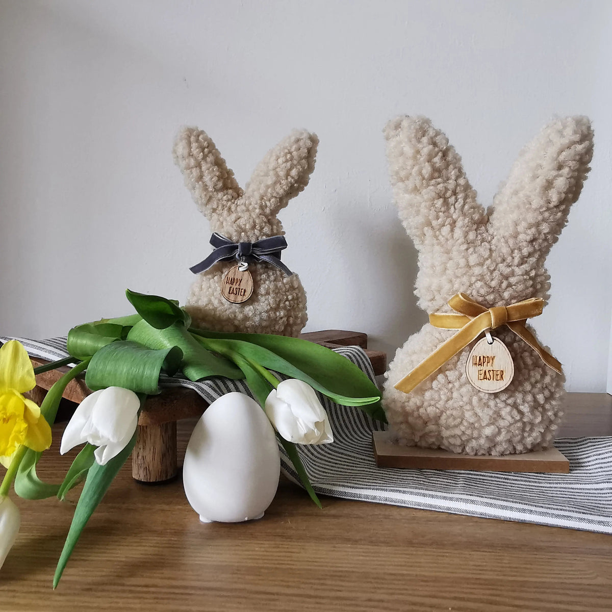Sherpa Easter Bunny – Fabric Easter Bunny Ornament on Wooden Base   Handcrafted Sustainable Living  Almasea