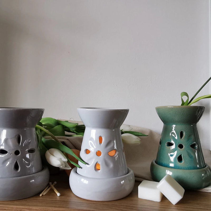Floral Cut-Out Wax Melt Burner – White, Grey & Green Ceramic, 12cm   Handcrafted Sustainable Living  Almasea