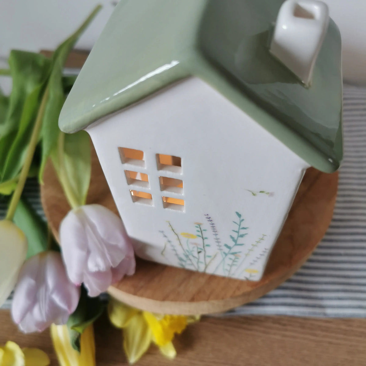 Hand-Painted Floral Ceramic House Tealight Holder   Handcrafted Sustainable Living  Almasea