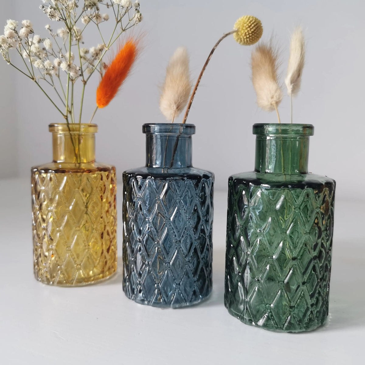 Geometric Textured Mini Bottle Vase – 9.5cm Coloured Glass Bud Vase   Handcrafted Sustainable Living  Almasea