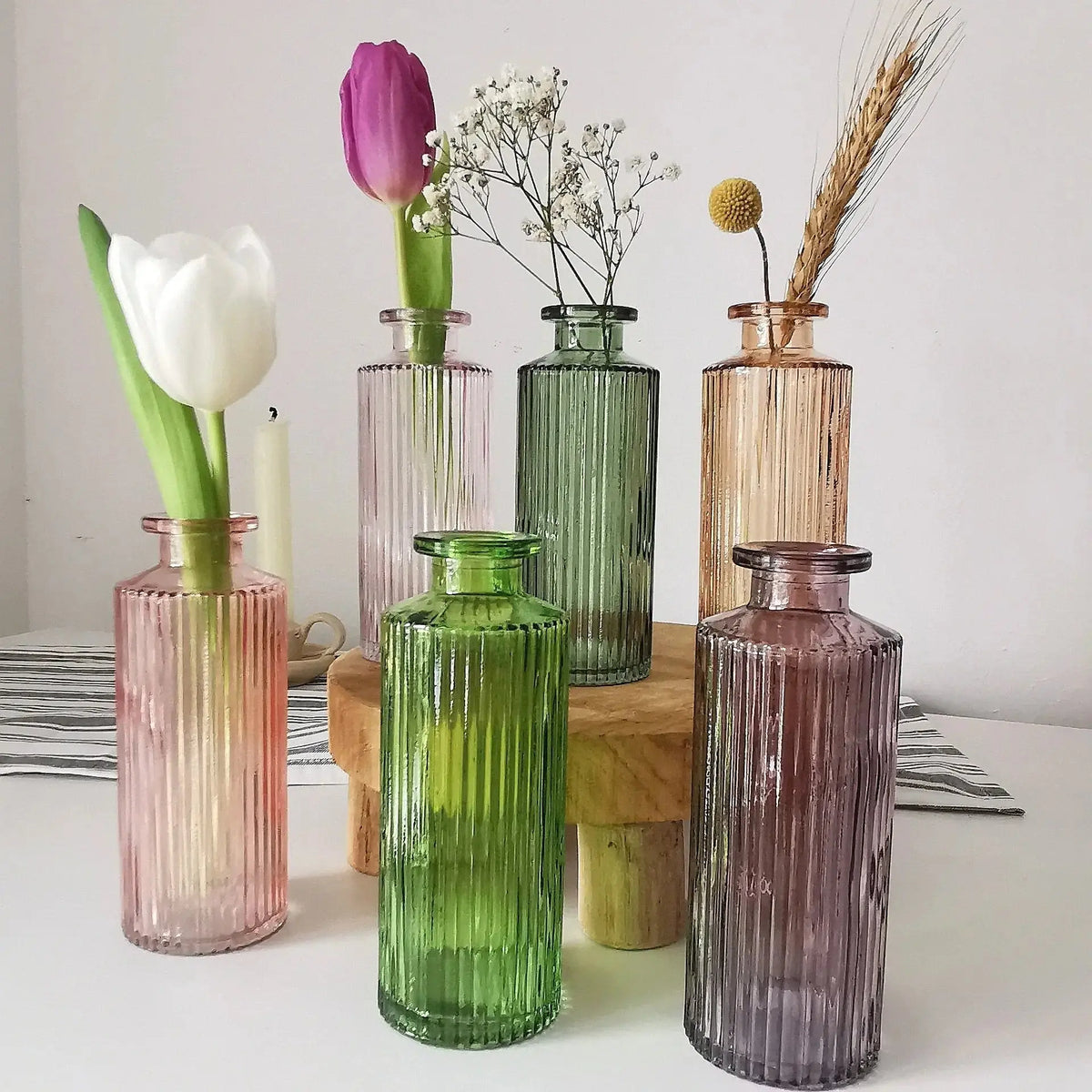 Coloured Ribbed Glass Bud Vase – 13.2cm Single Stem Bud Vase for Dried Flowers   Handcrafted Sustainable Living  Almasea