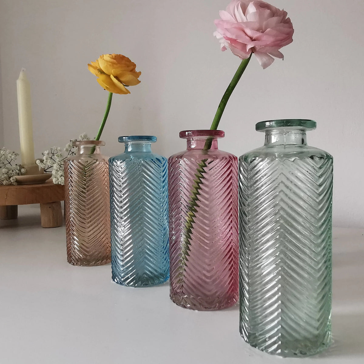 Coloured Bud Vase UK | Pastel Herringbone Glass Vase 13cm   Handcrafted Sustainable Living  Almasea
