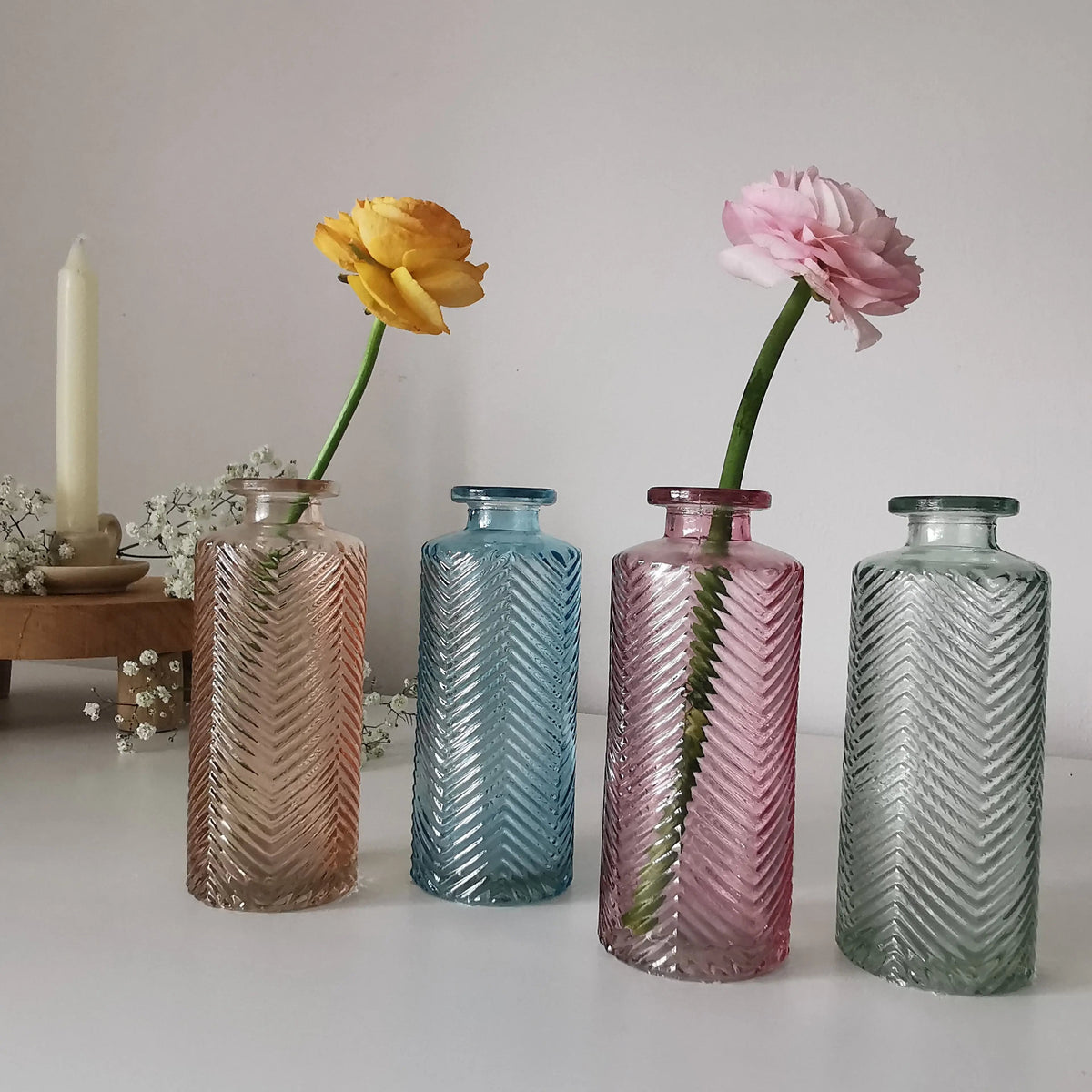 Coloured Bud Vase UK | Pastel Herringbone Glass Vase 13cm   Handcrafted Sustainable Living  Almasea