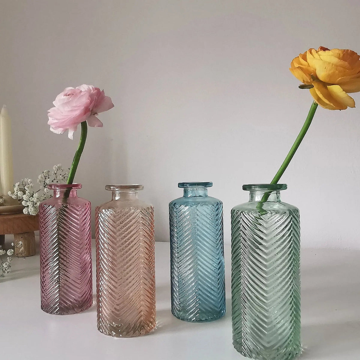 Coloured Bud Vase UK | Pastel Herringbone Glass Vase 13cm   Handcrafted Sustainable Living  Almasea