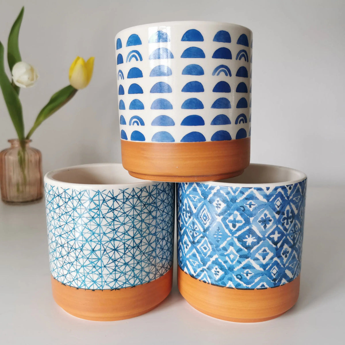 Indoor Ceramic Plant Pots – Mediterranean Blue Geometric Glazed Planters   Handcrafted Sustainable Living  Almasea