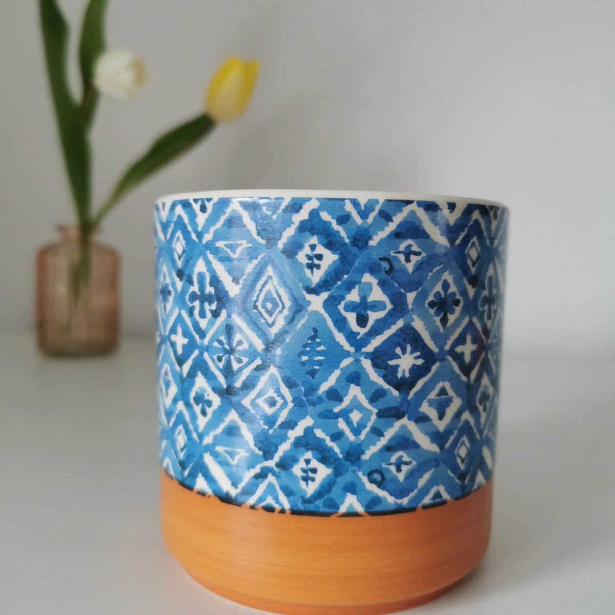 Indoor Ceramic Plant Pots – Mediterranean Blue Geometric Glazed Planters   Handcrafted Sustainable Living  Almasea