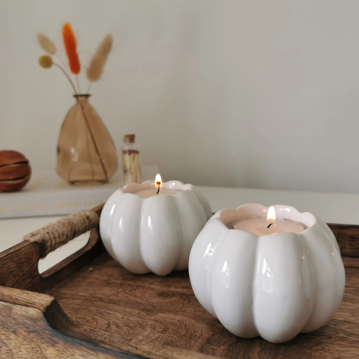 White Ceramic Pumpkin Tea Light Holder – Glossy Autumn & Halloween Candle Holder   Handcrafted Sustainable Living  Almasea