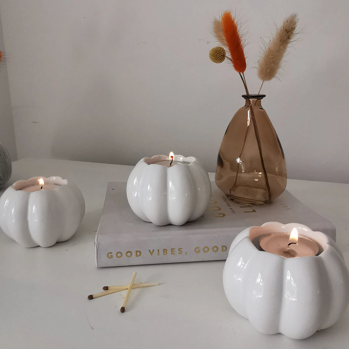 White Ceramic Pumpkin Tea Light Holder – Glossy Autumn & Halloween Candle Holder   Handcrafted Sustainable Living  Almasea