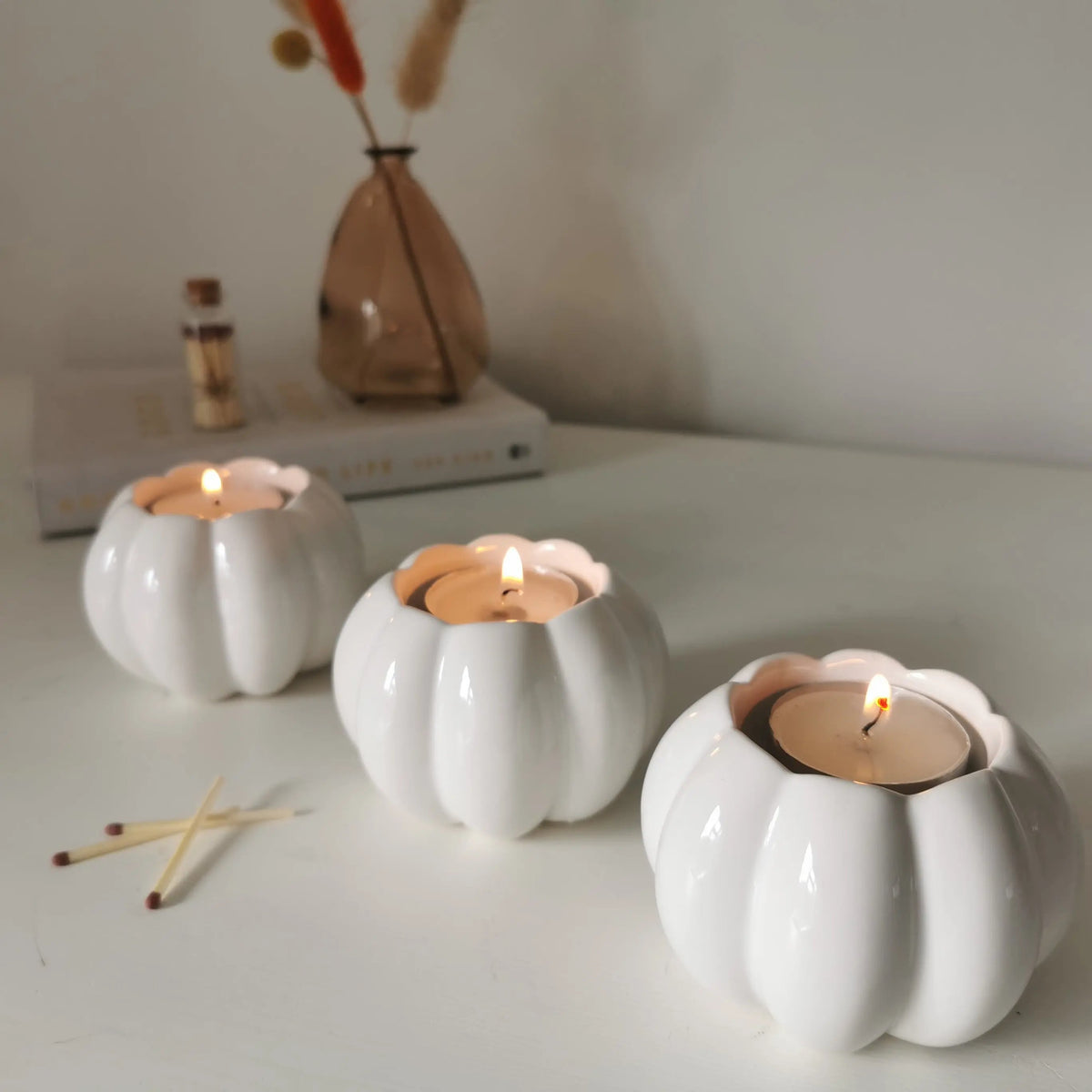 White Ceramic Pumpkin Tea Light Holder – Glossy Autumn & Halloween Candle Holder   Handcrafted Sustainable Living  Almasea