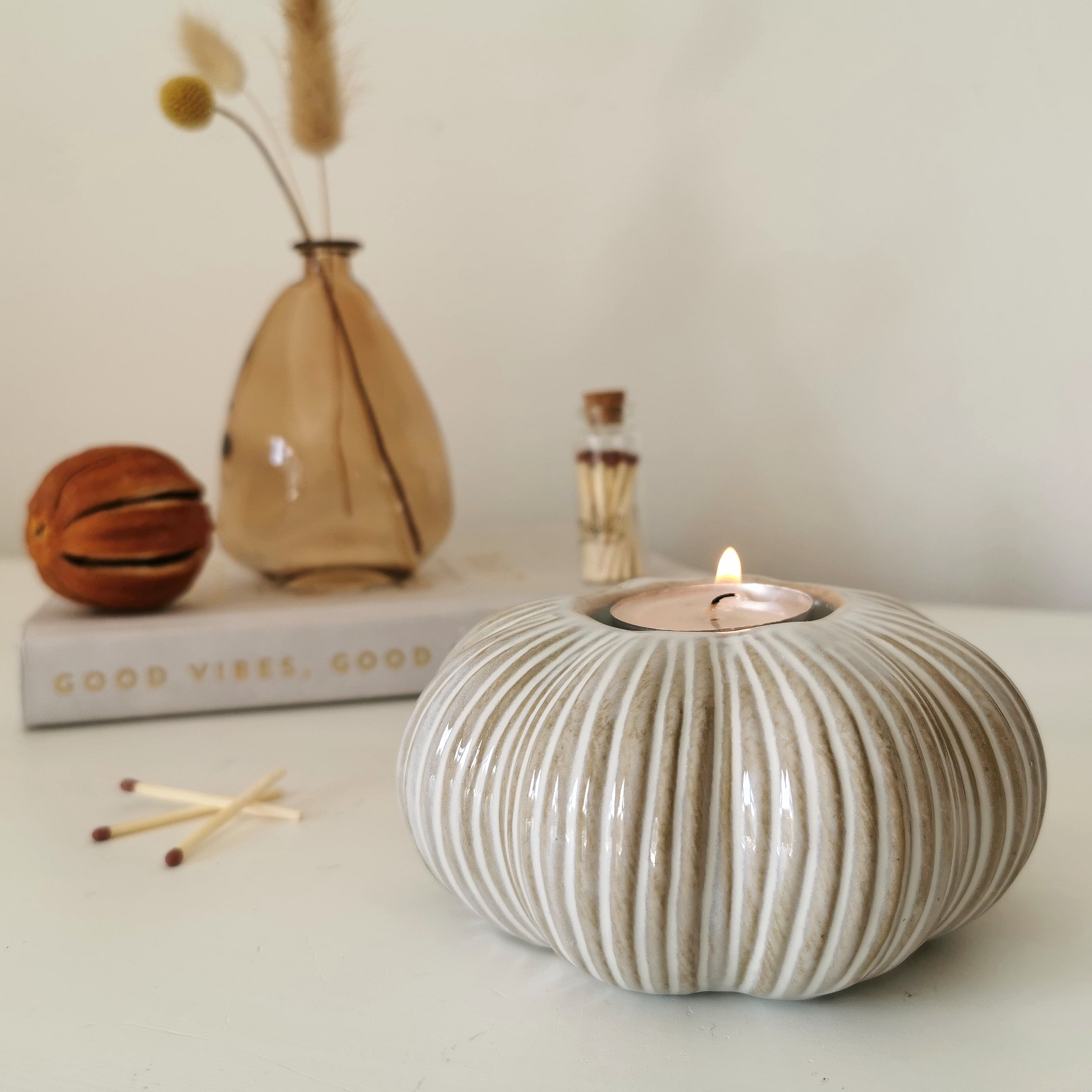 Ribbed Ceramic Pumpkin T light Holder