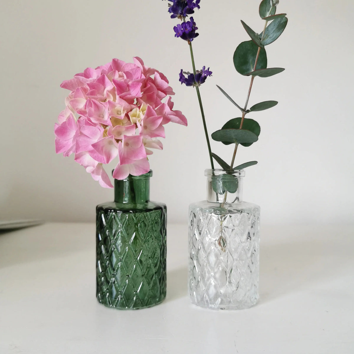 Geometric Textured Mini Bottle Vase – 9.5cm Coloured Glass Bud Vase   Handcrafted Sustainable Living  Almasea