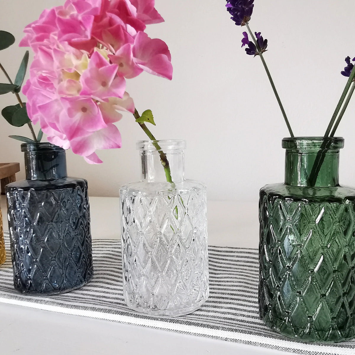 Geometric Textured Mini Bottle Vase – 9.5cm Coloured Glass Bud Vase   Handcrafted Sustainable Living  Almasea
