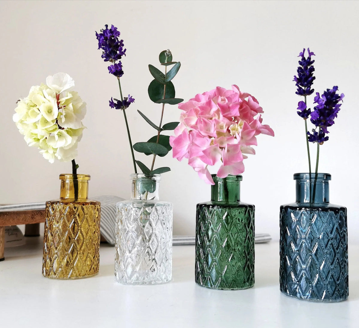 Geometric Textured Mini Bottle Vase – 9.5cm Coloured Glass Bud Vase   Handcrafted Sustainable Living  Almasea