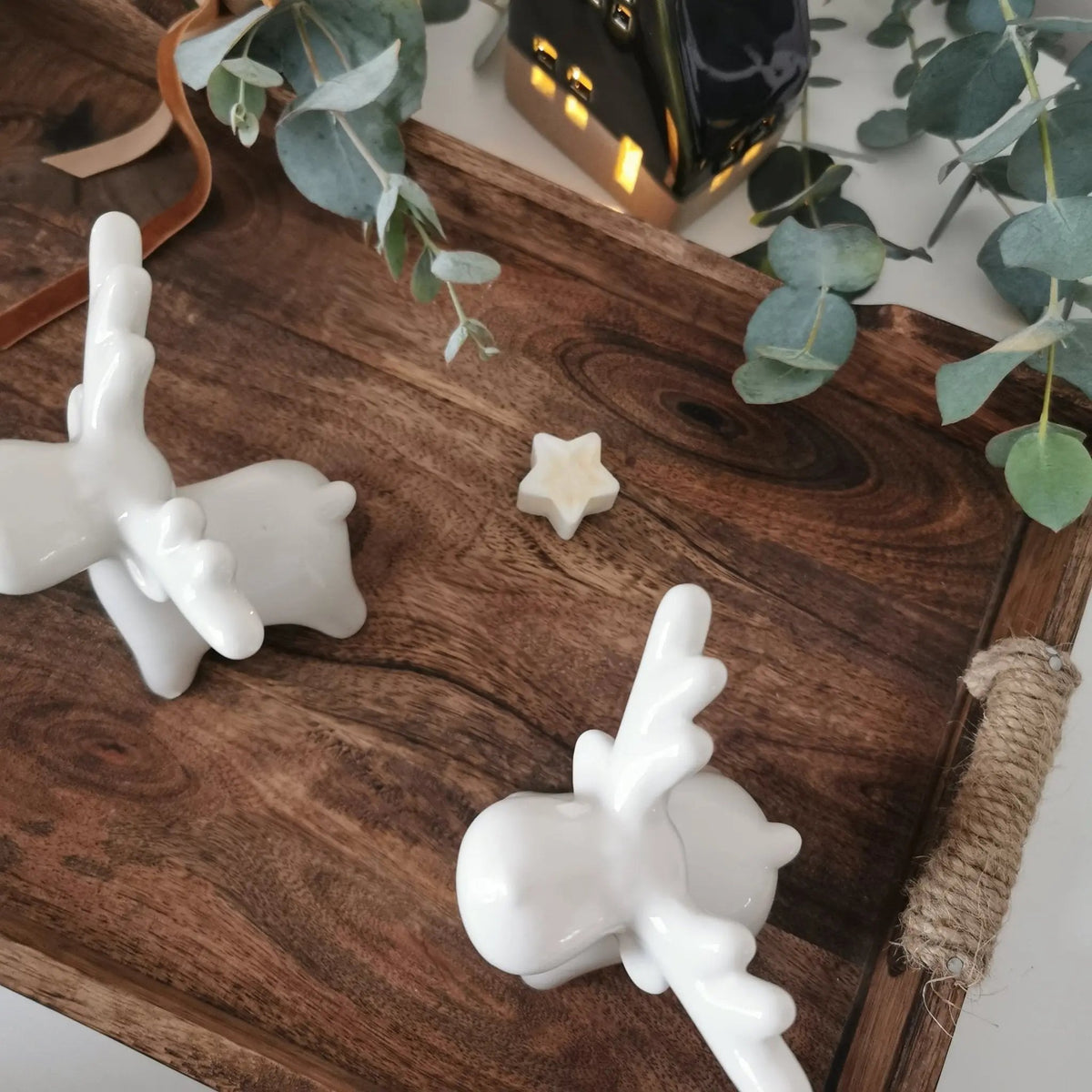 White Ceramic Reindeer Decoration | Glossy Xmas Ornament with Ribbon   Handcrafted Sustainable Living  Almasea