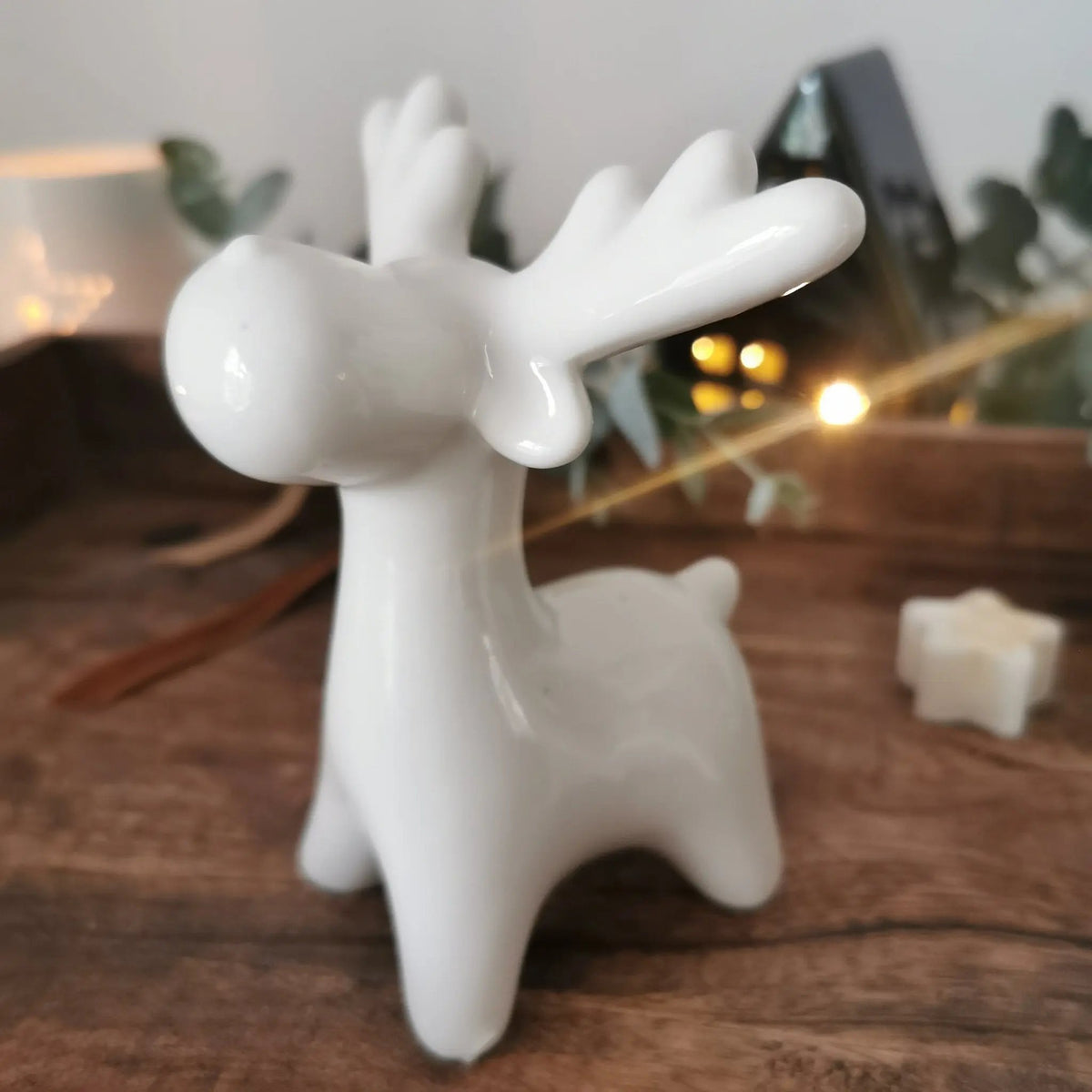 White Ceramic Reindeer Decoration | Glossy Xmas Ornament with Ribbon   Handcrafted Sustainable Living  Almasea