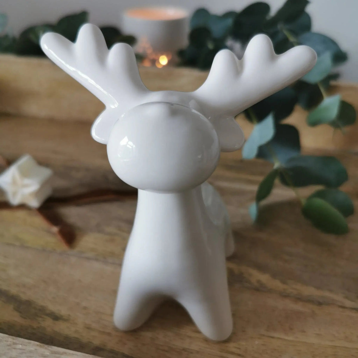 White Ceramic Reindeer Decoration | Glossy Xmas Ornament with Ribbon   Handcrafted Sustainable Living  Almasea