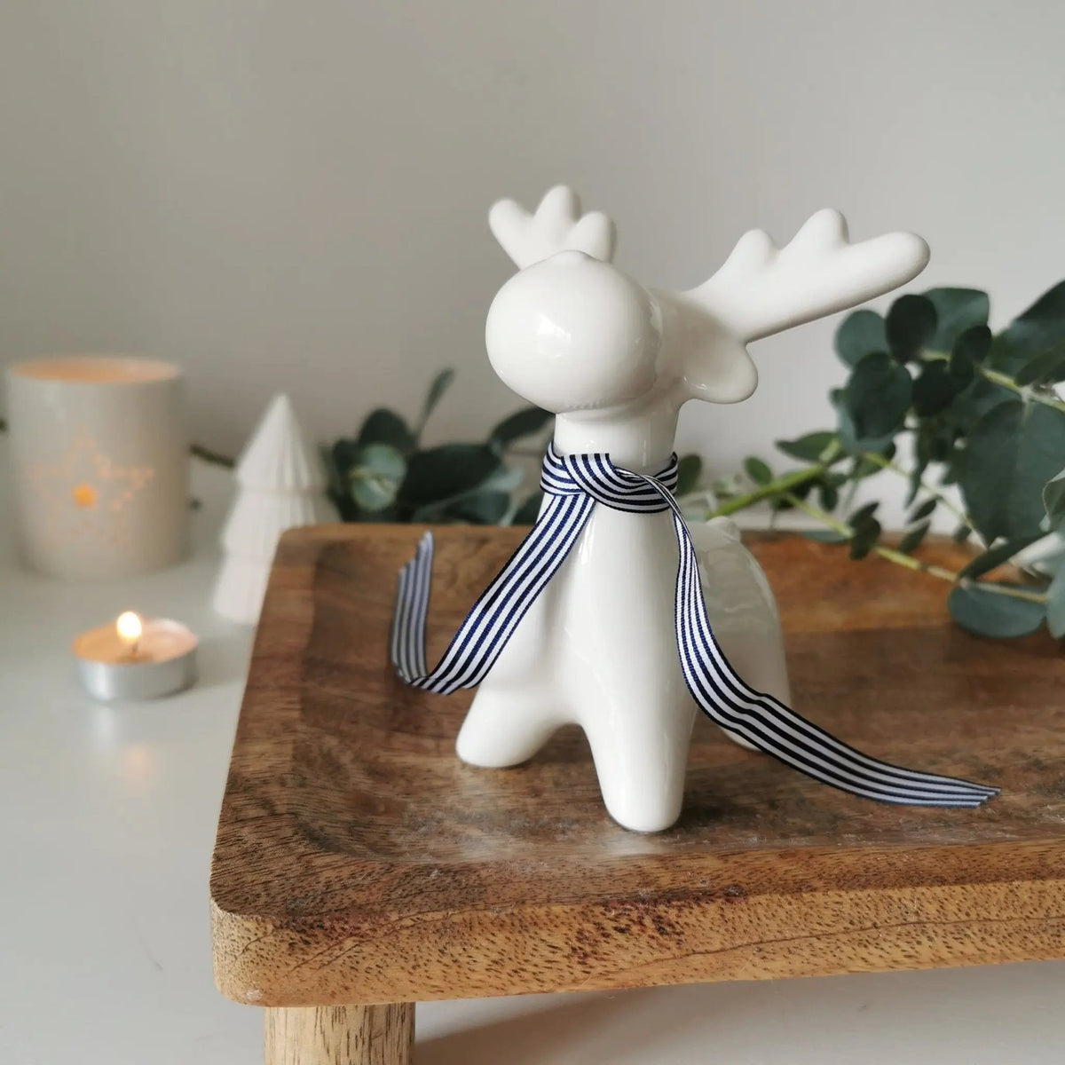 White Ceramic Reindeer Decoration | Glossy Xmas Ornament with Ribbon   Handcrafted Sustainable Living  Almasea