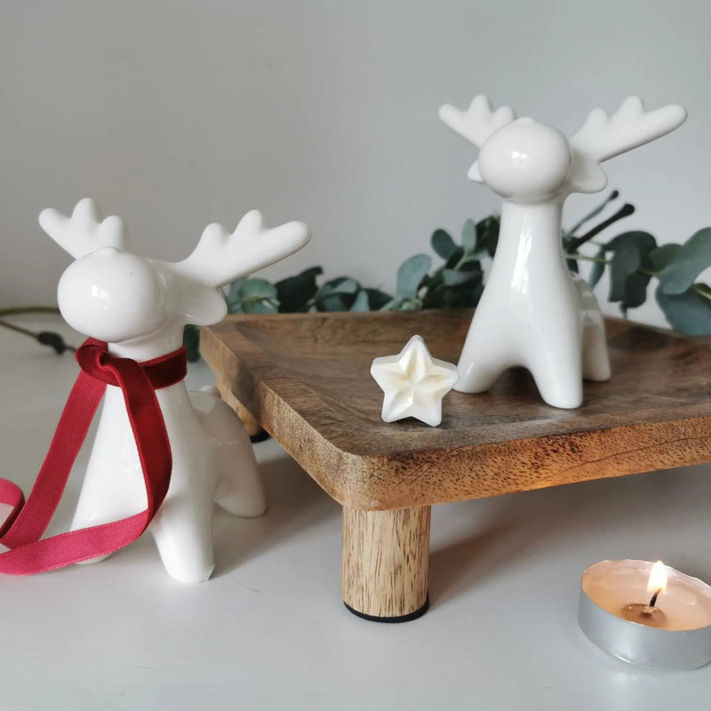 White Ceramic Reindeer Decoration | Glossy Xmas Ornament with Ribbon   Handcrafted Sustainable Living  Almasea