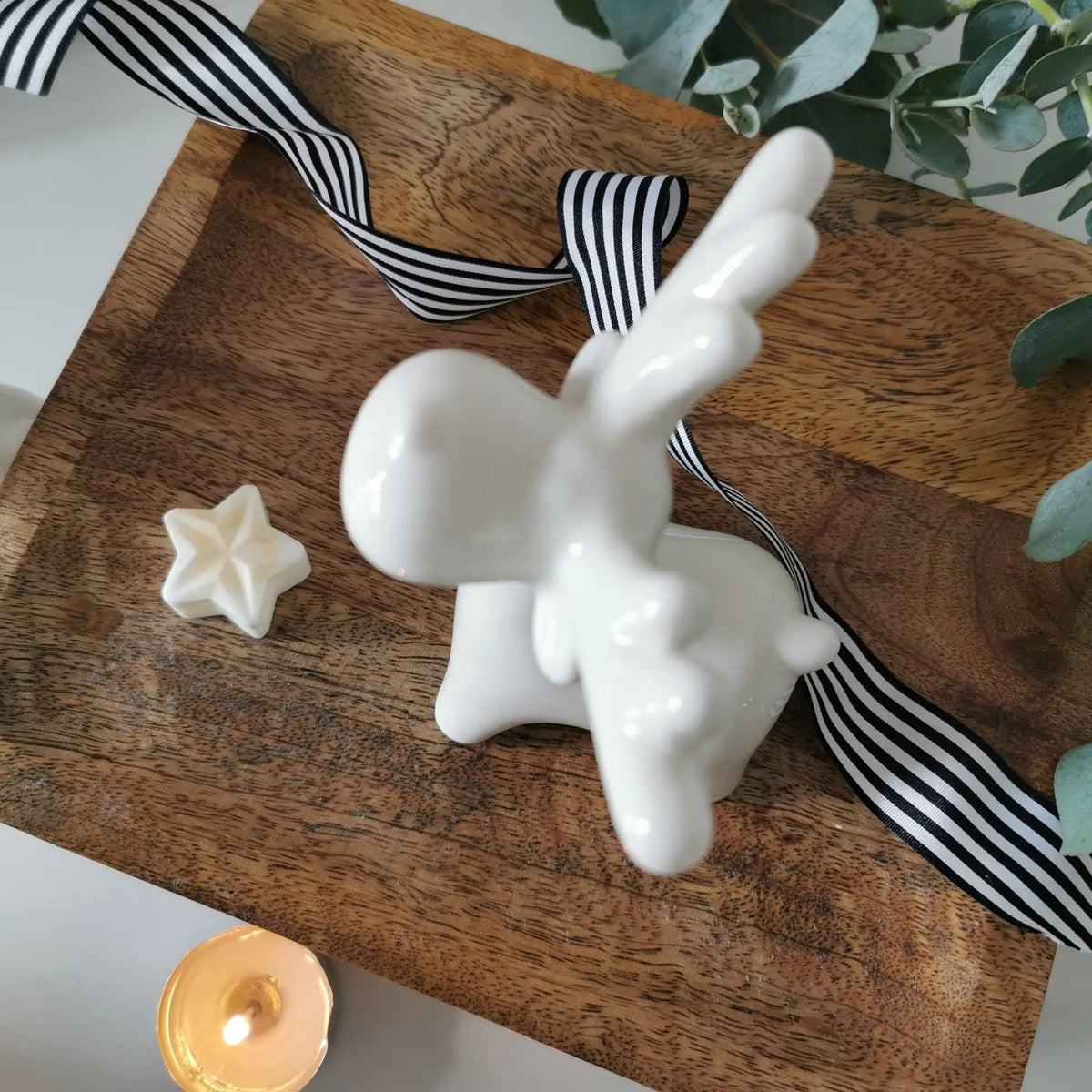 White Ceramic Reindeer Decoration | Glossy Xmas Ornament with Ribbon   Handcrafted Sustainable Living  Almasea