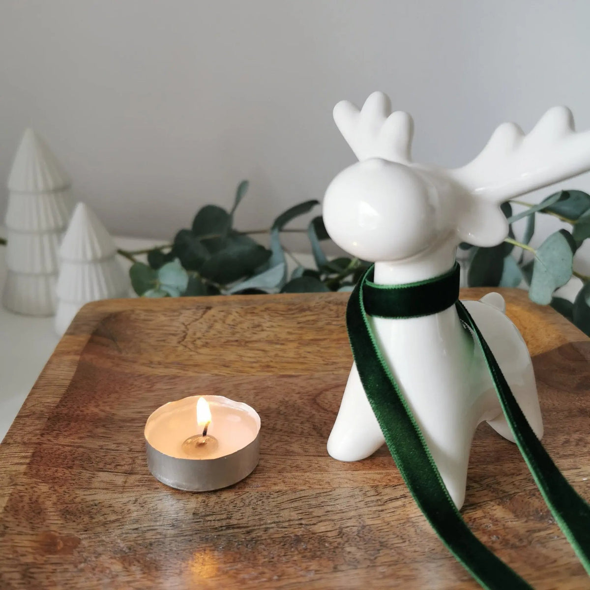 White Ceramic Reindeer Decoration | Glossy Xmas Ornament with Ribbon   Handcrafted Sustainable Living  Almasea