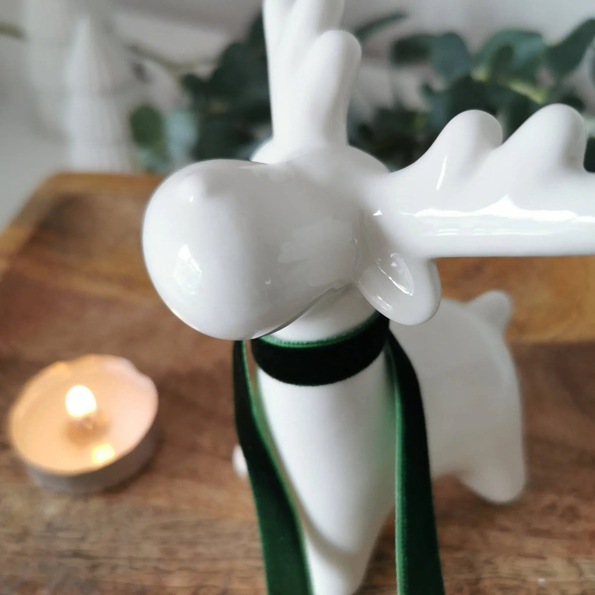 White Ceramic Reindeer Decoration | Glossy Xmas Ornament with Ribbon   Handcrafted Sustainable Living  Almasea