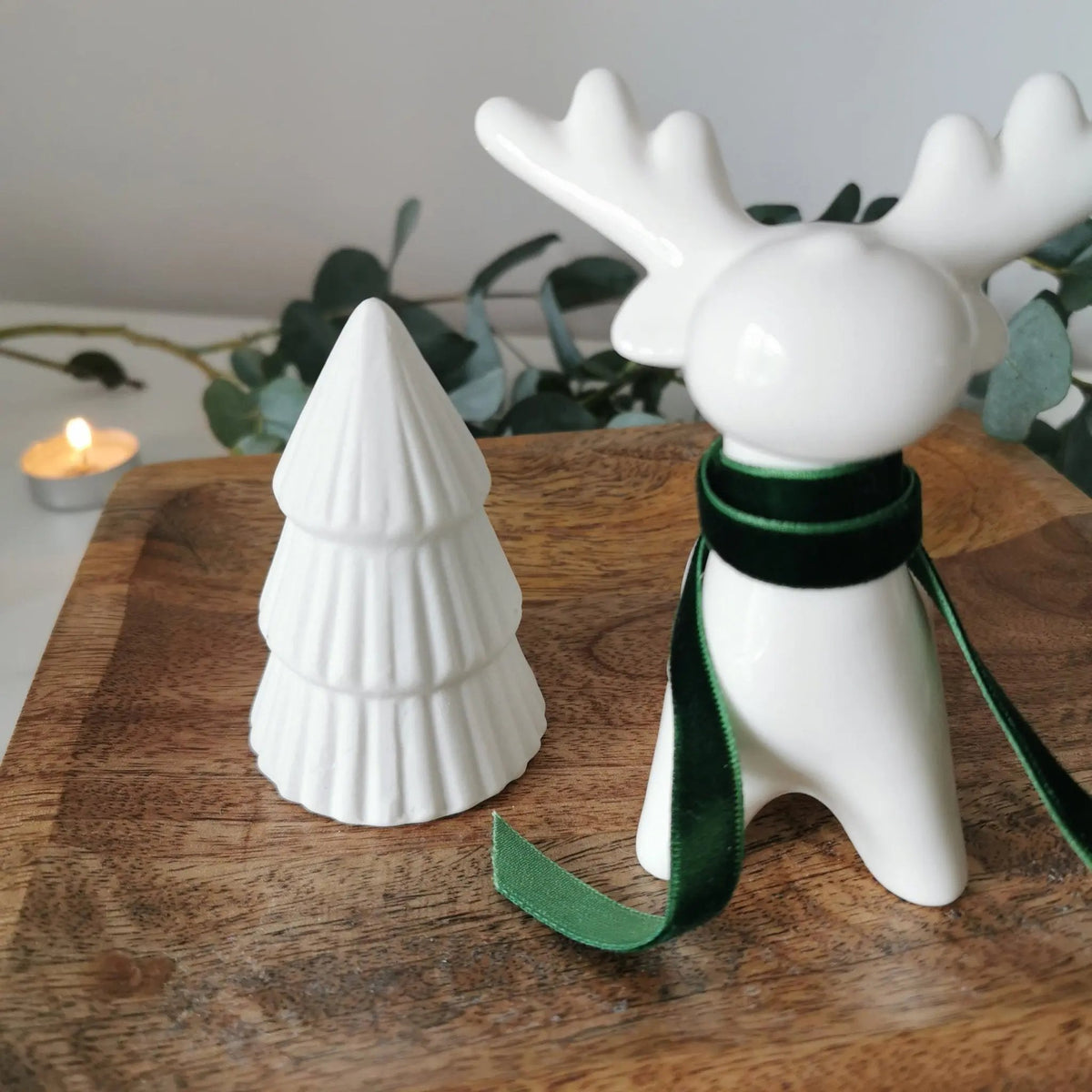 White Ceramic Reindeer Decoration | Glossy Xmas Ornament with Ribbon   Handcrafted Sustainable Living  Almasea