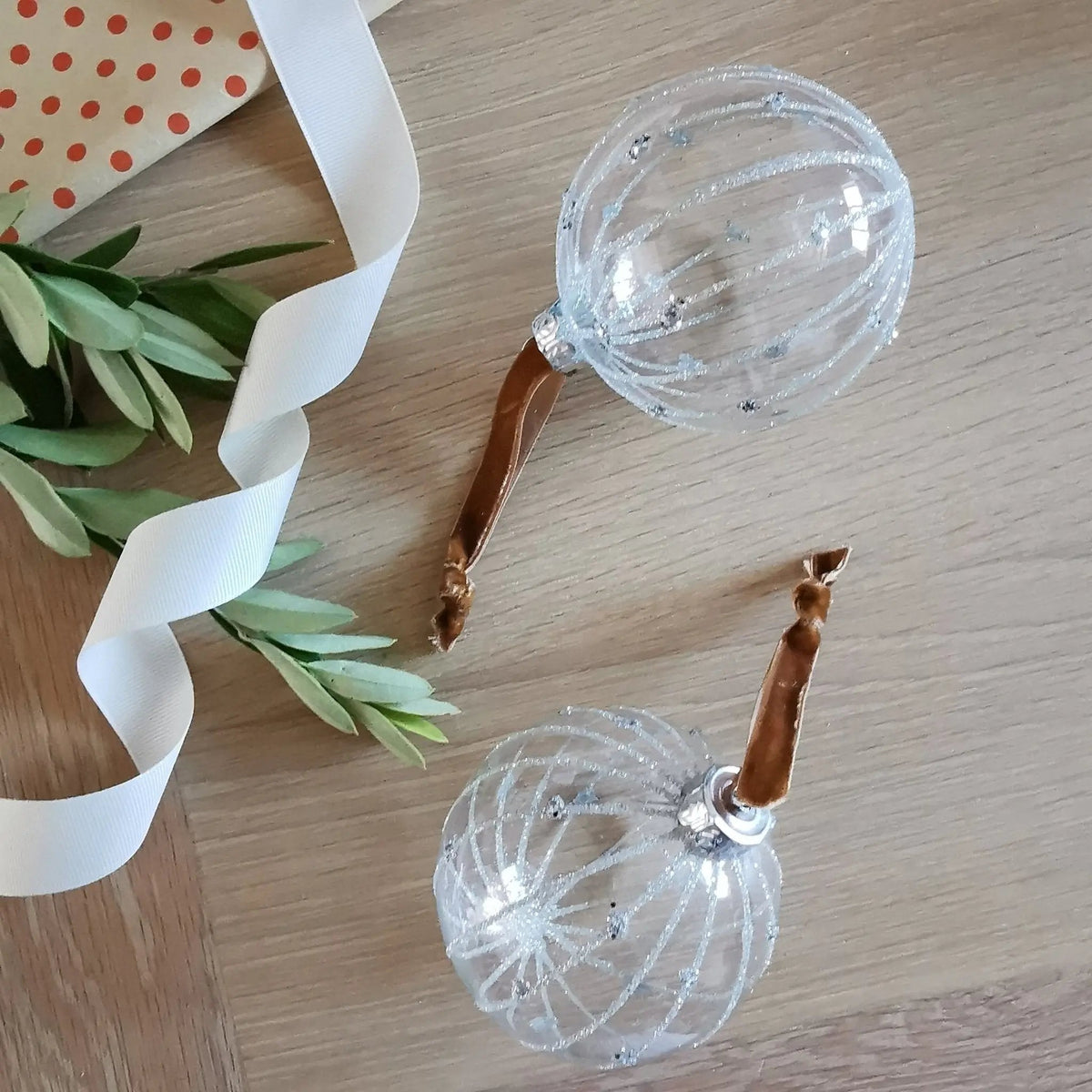 Clear Glass Christmas Baubles – Glitter Stripes, Set of 2   Handcrafted Sustainable Living  Almasea