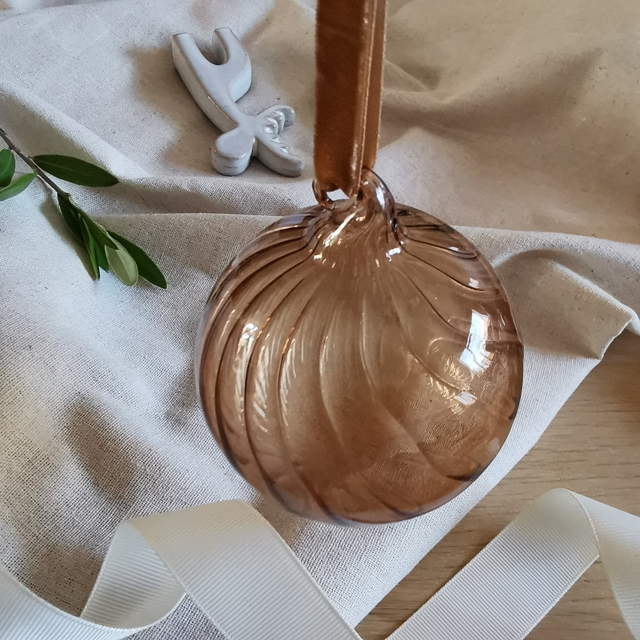 Two Copper Wave Christmas Round Baubles