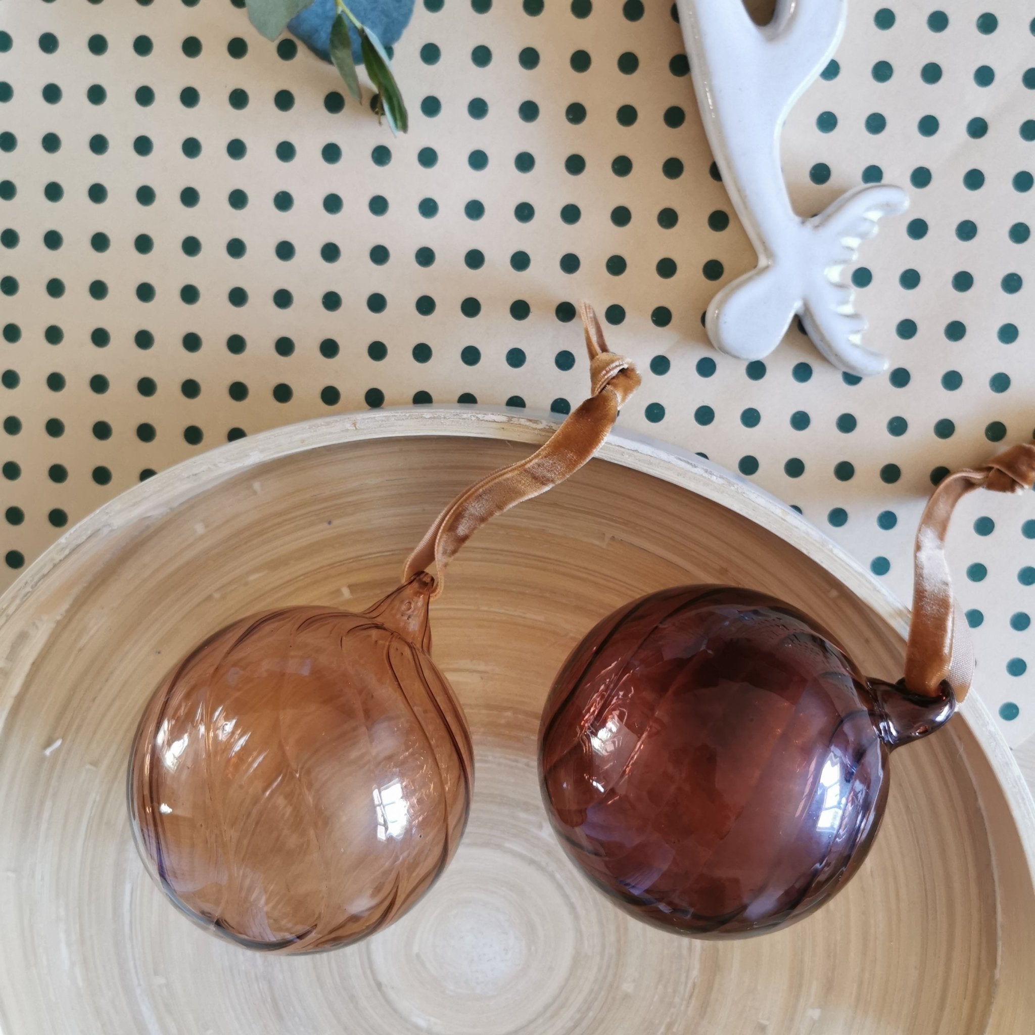 Two Copper Wave Christmas Round Baubles