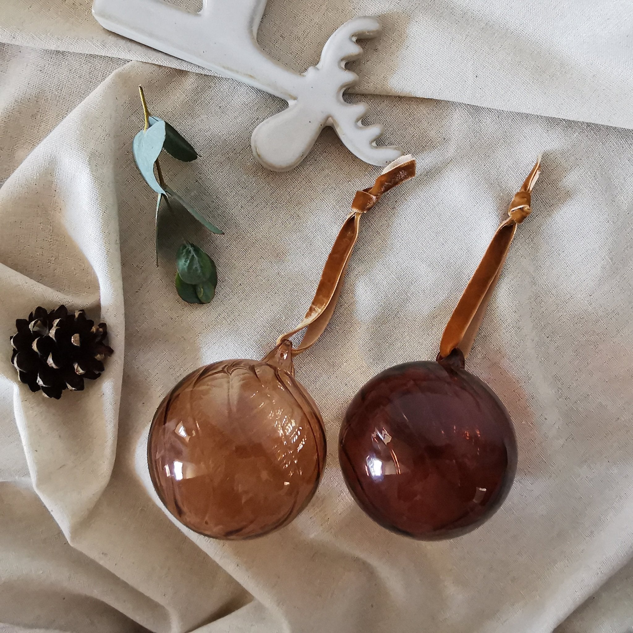 Two Copper Wave Christmas Round Baubles