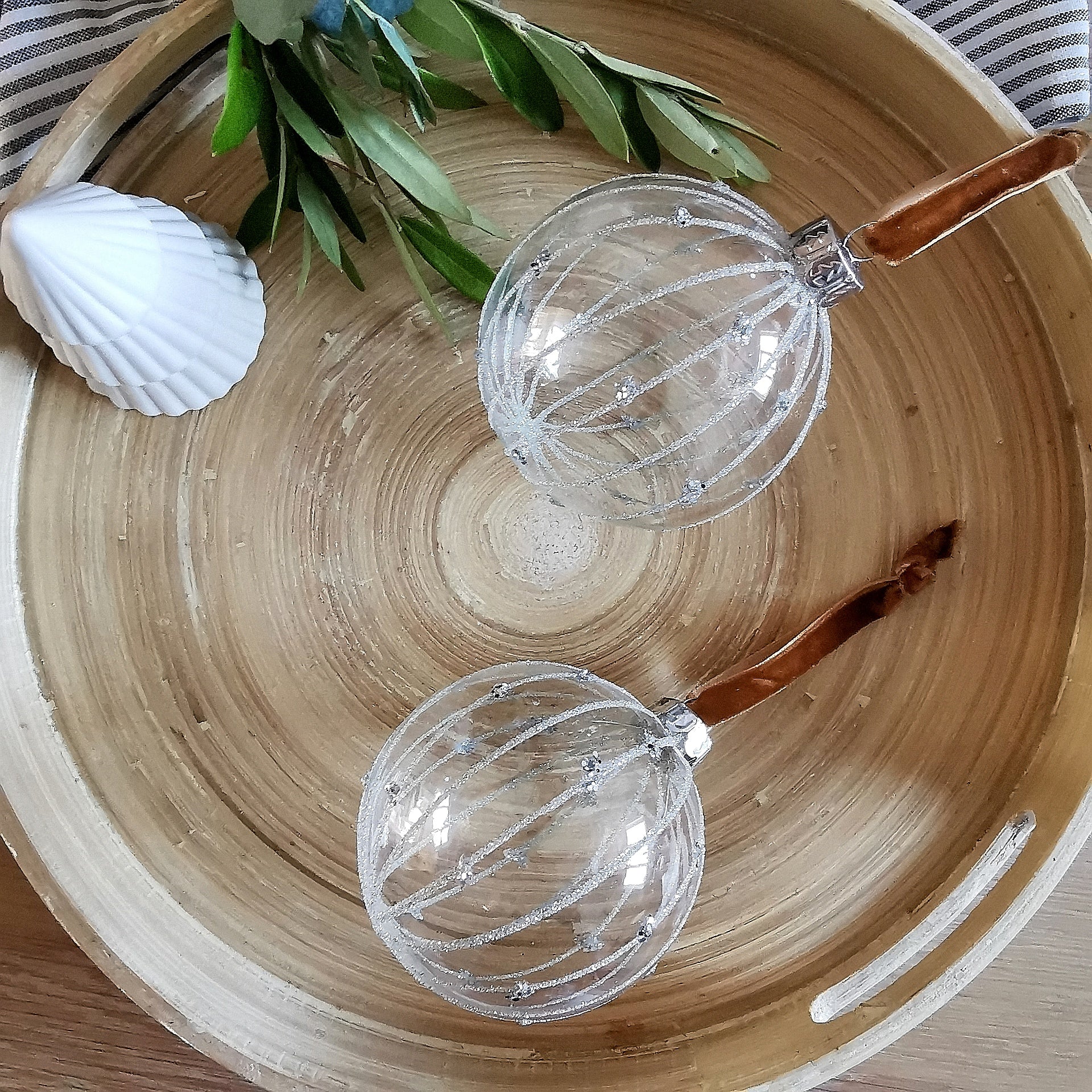 Two Clear Silver Christmas Baubles