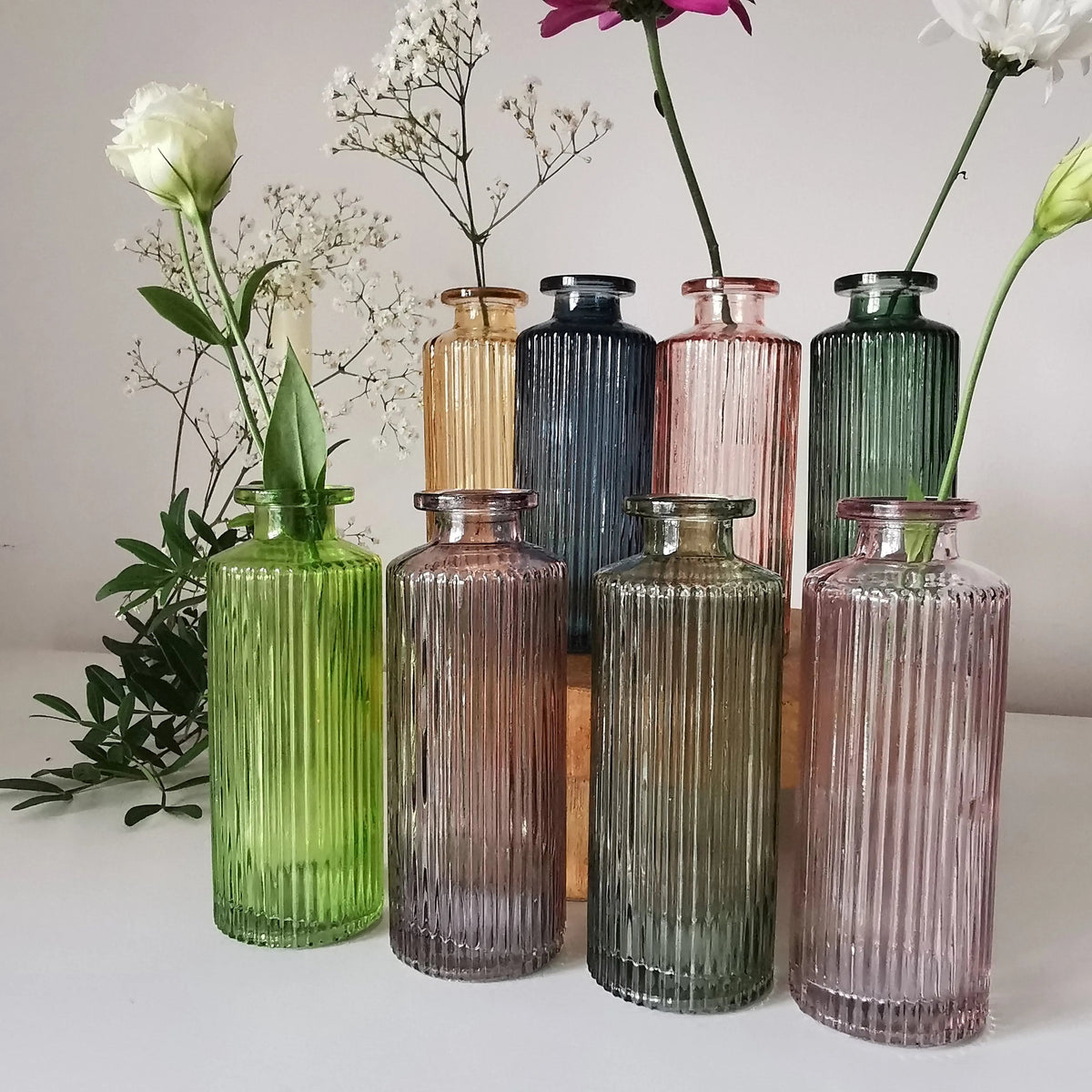 Coloured Ribbed Glass Bud Vase – 13.2cm Single Stem Bud Vase for Dried Flowers   Handcrafted Sustainable Living  Almasea