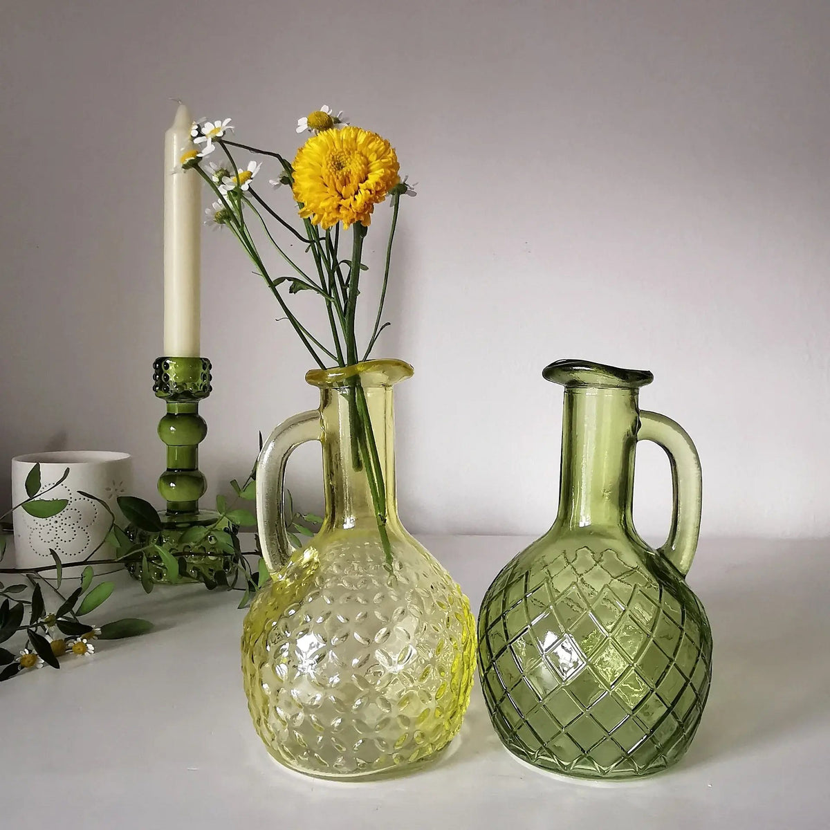 Dried Flower Vases – Yellow & Green Patterned Glass Pair   Handcrafted Sustainable Living  Almasea