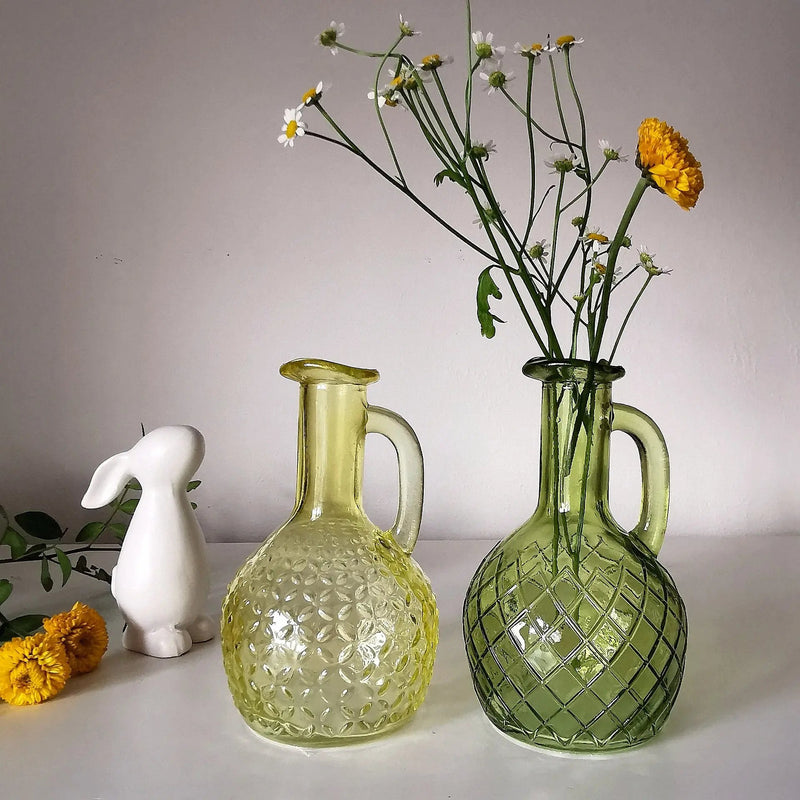 Dried Flower Vases – Yellow & Green Patterned Glass Pair   Handcrafted Sustainable Living  Almasea