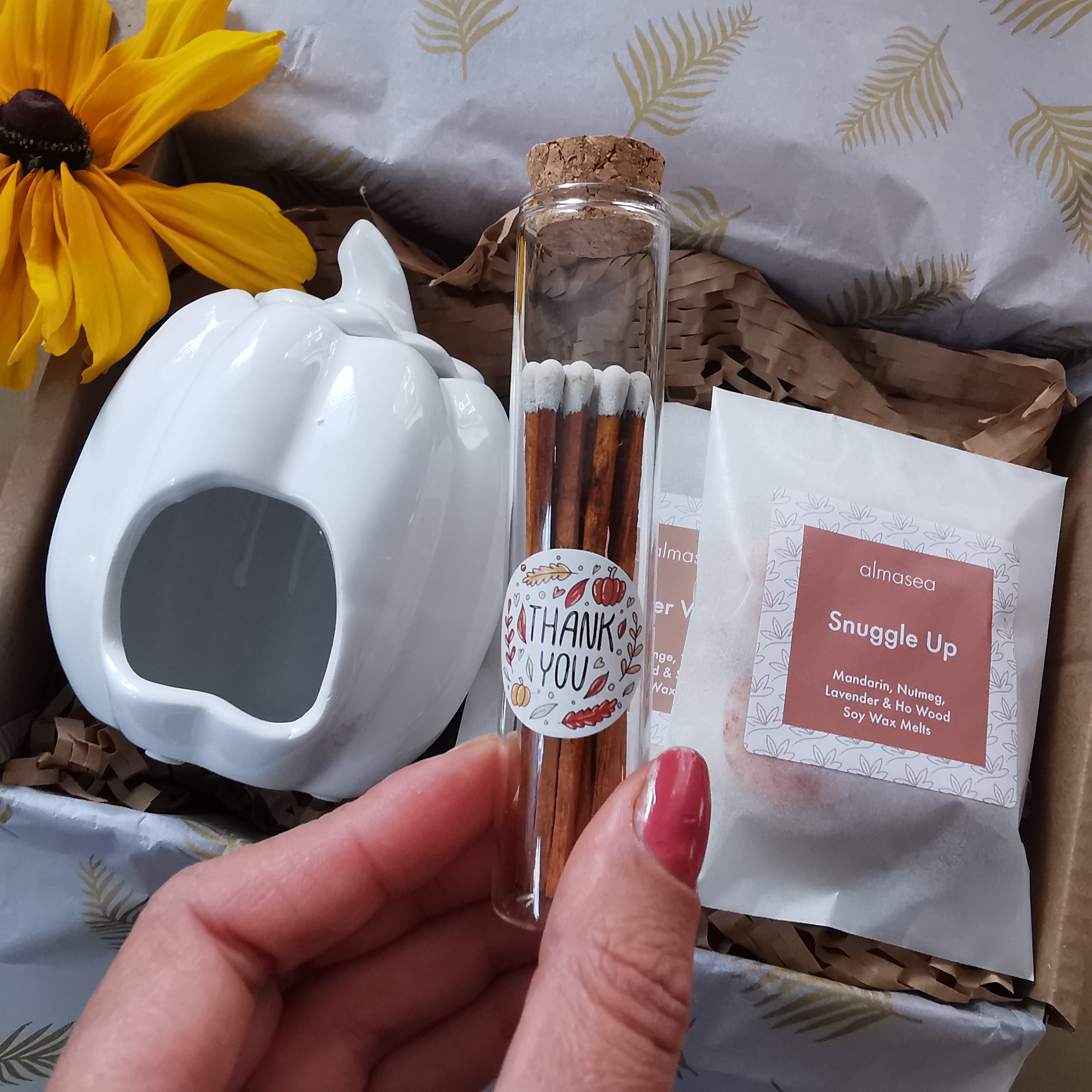 White Pumpkin Wax Burner Handcrafted Gift box & melts