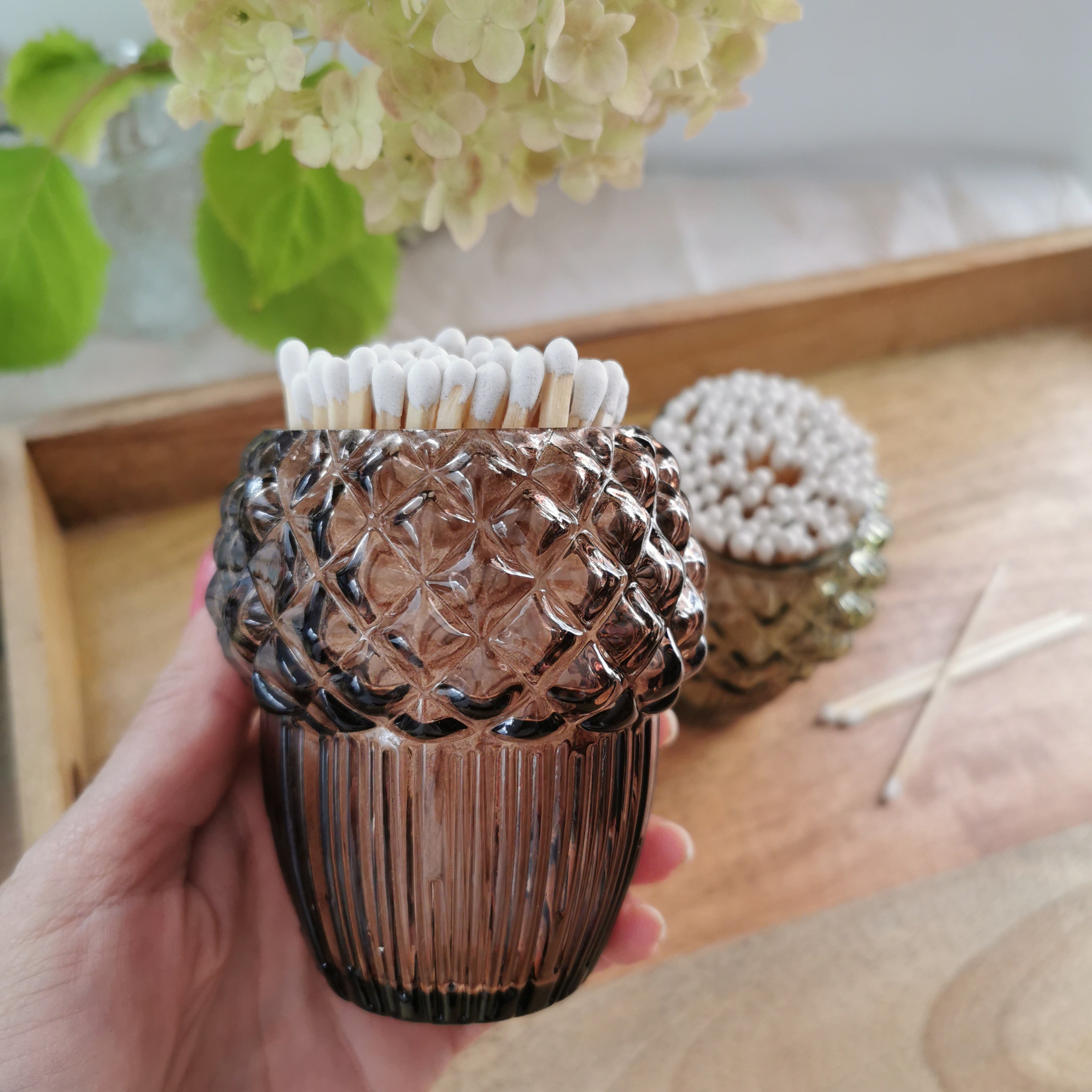 Long White Luxury Matches in Acorn Glass Jar
