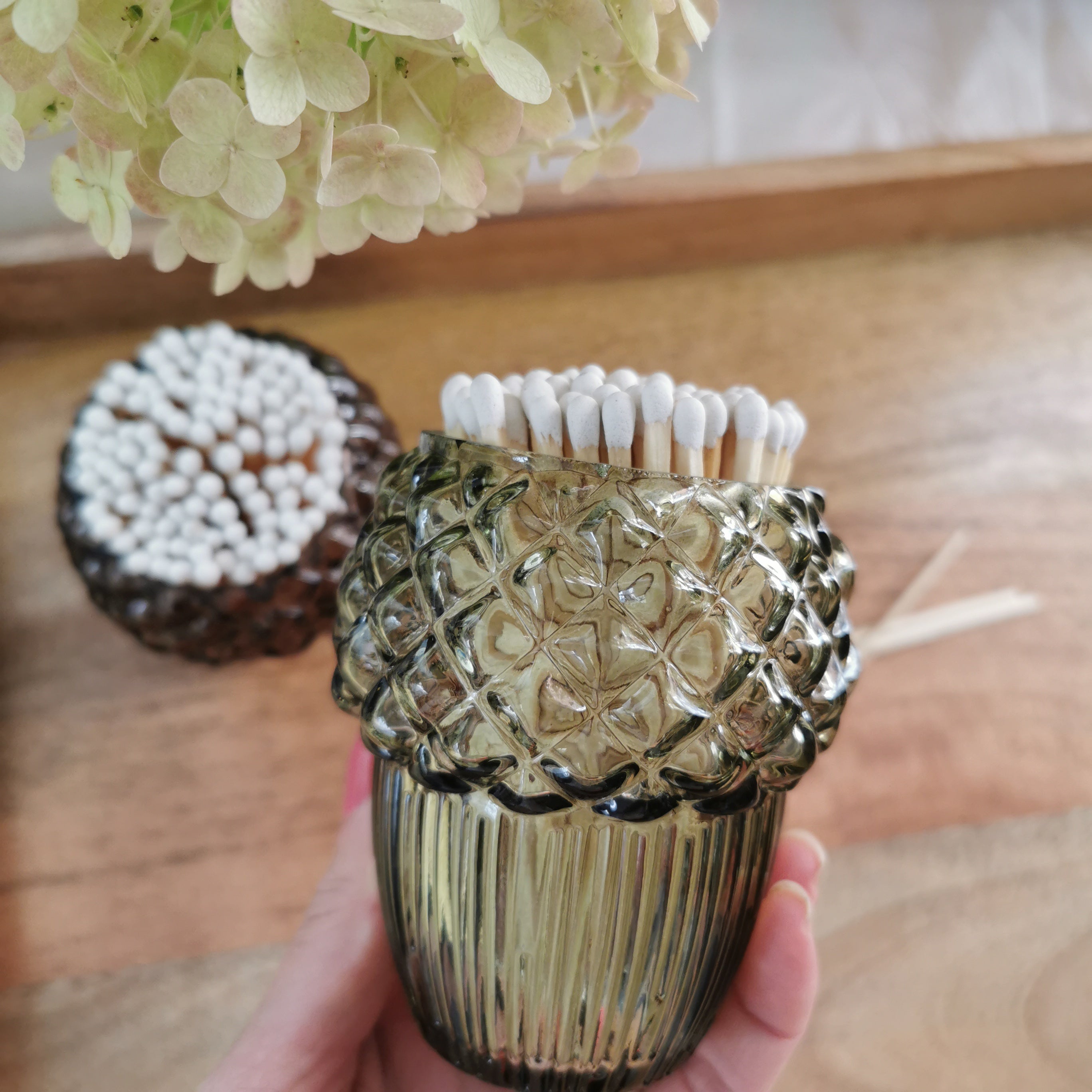 Long White Luxury Matches in Acorn Glass Jar