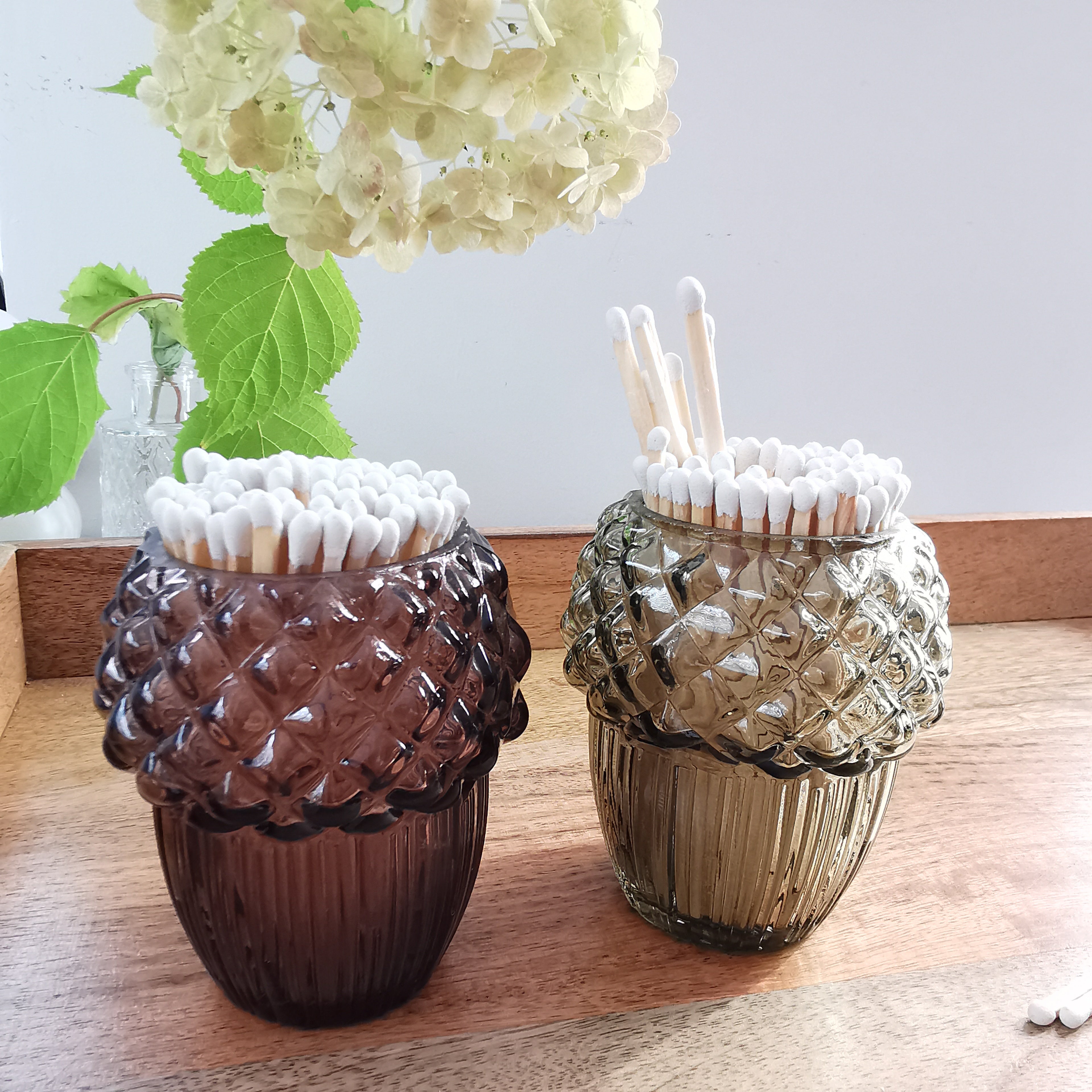 Long White Luxury Matches in Acorn Glass Jar