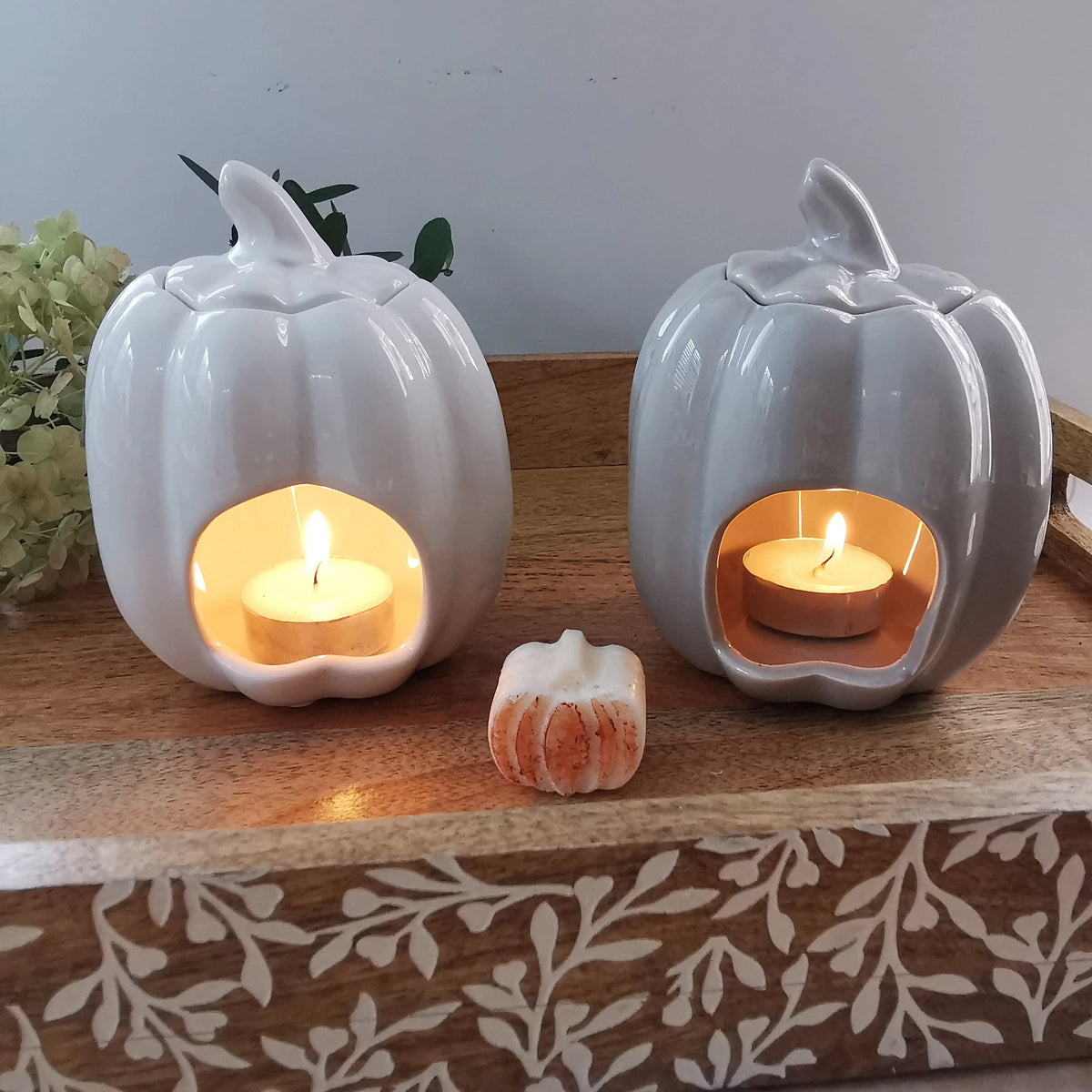 Pumpkin Wax Burner with Lid | White, Grey & Sage Green | Ceramic Oil Burner   Handcrafted Sustainable Living  Almasea