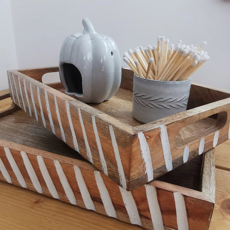 Mango Wood Serving Tray with Handles – Decorative Carved Pattern Wooden Tray   Handcrafted Sustainable Living  Almasea