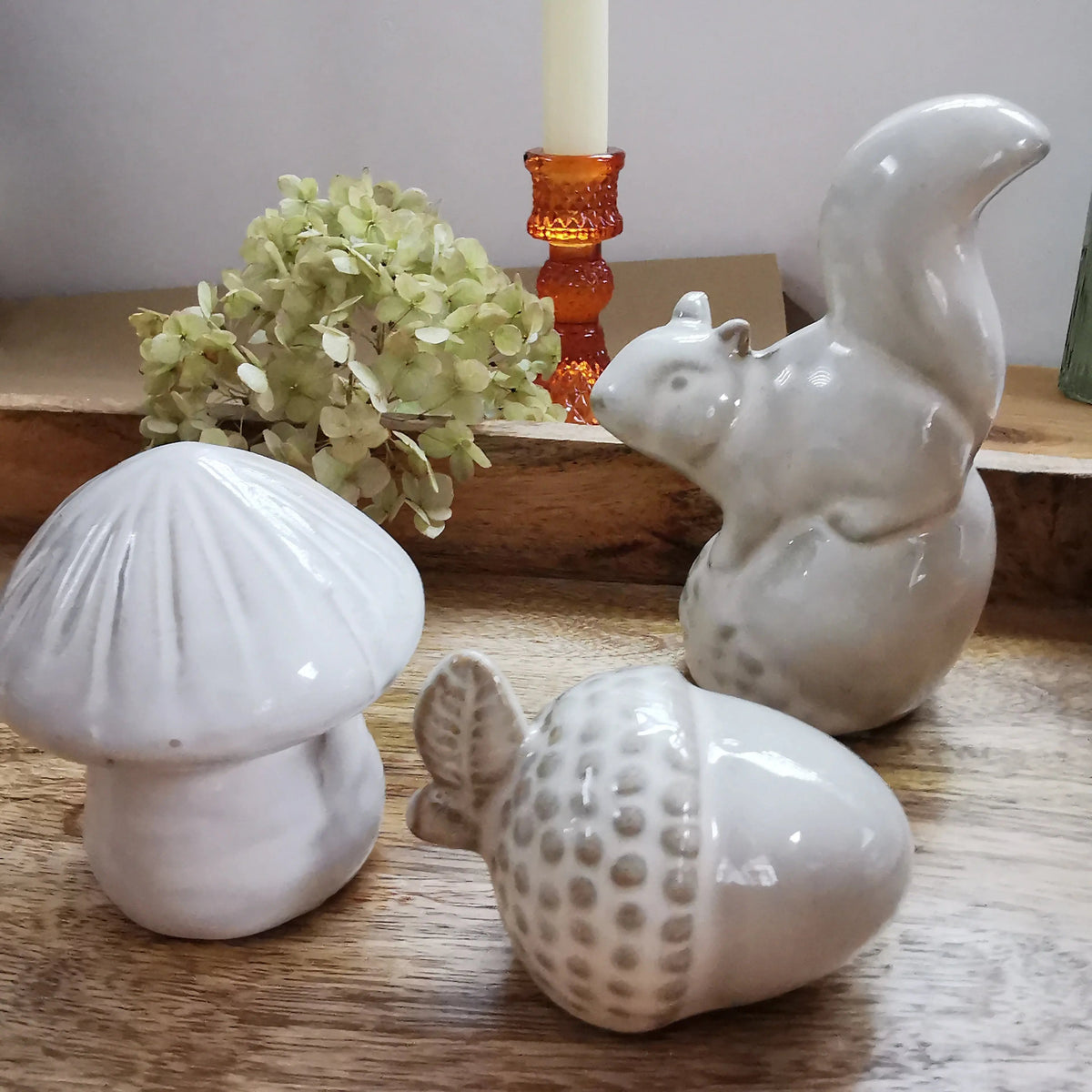 Woodland Ornament Set – Ceramic Mushroom, Squirrel & Acorn   Handcrafted Sustainable Living  Almasea