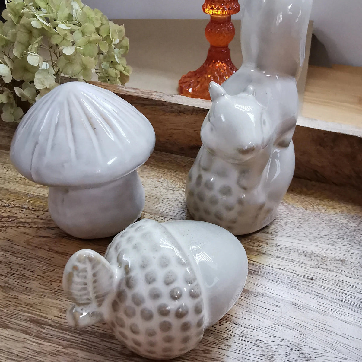 Woodland Ornament Set – Ceramic Mushroom, Squirrel & Acorn   Handcrafted Sustainable Living  Almasea