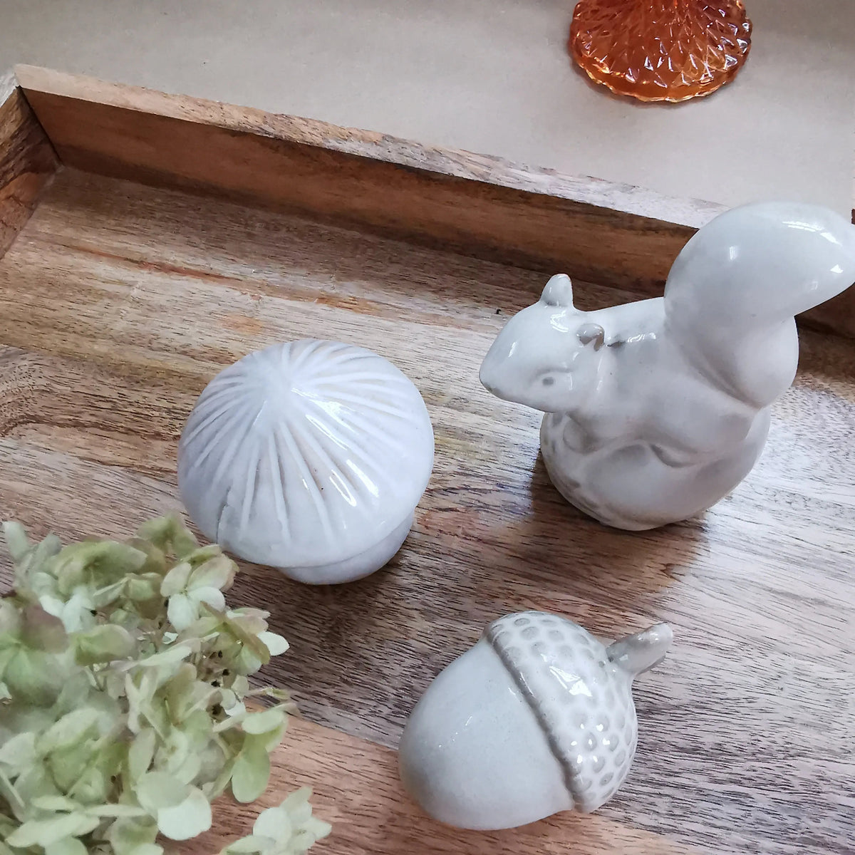 Woodland Ornament Set – Ceramic Mushroom, Squirrel & Acorn   Handcrafted Sustainable Living  Almasea
