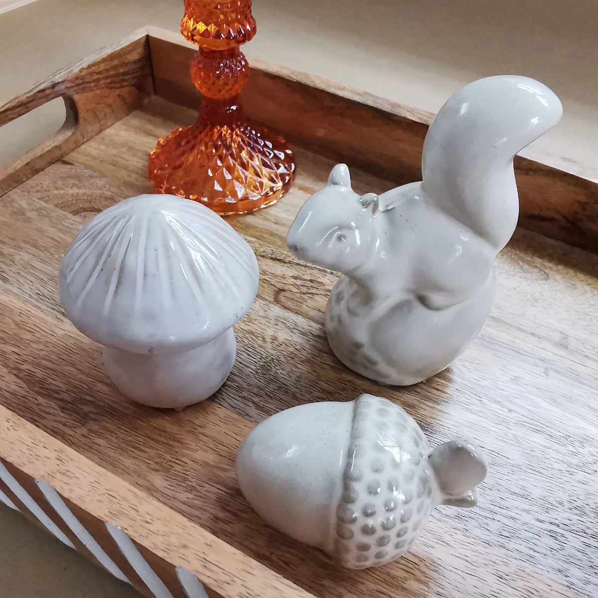 Woodland Ornament Set – Ceramic Mushroom, Squirrel & Acorn   Handcrafted Sustainable Living  Almasea