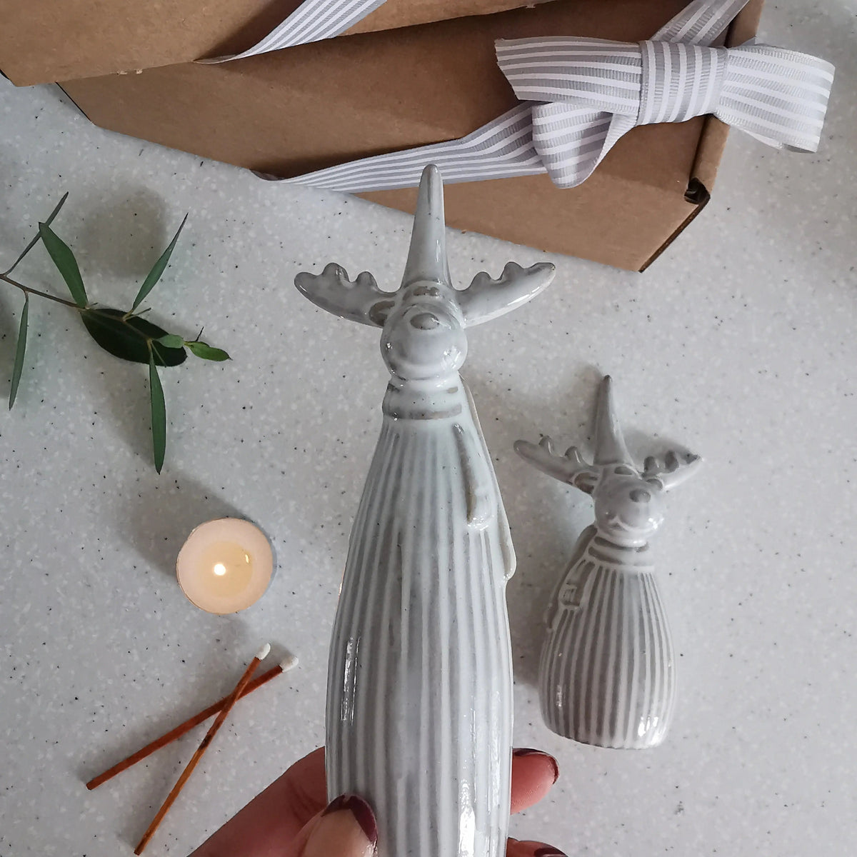Ribbed Grey Reindeer – Ceramic Christmas Decoration   Handcrafted Sustainable Living  Almasea